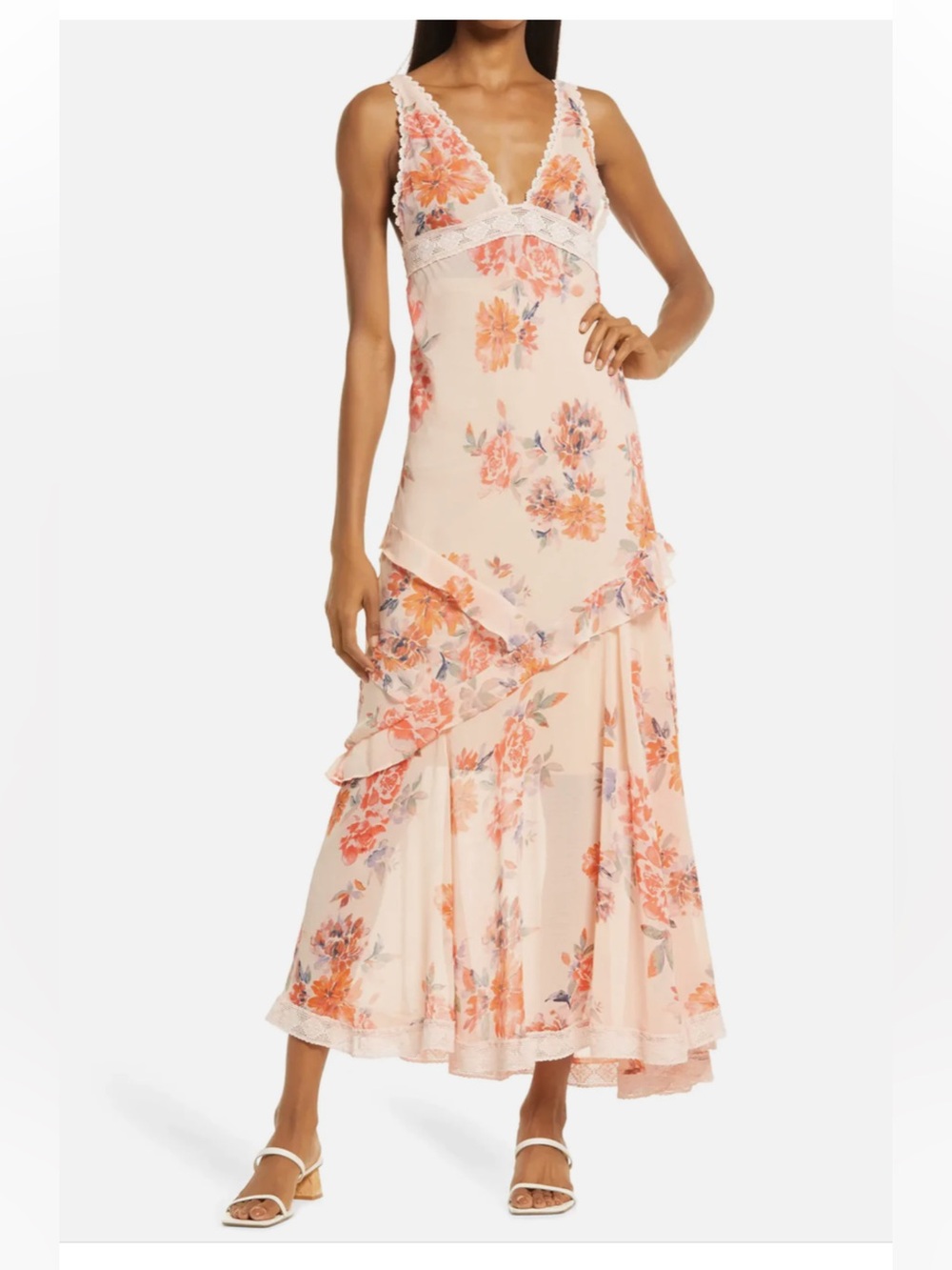 Free People Stay A While Floral Print Maxi Dress in Peach Combo